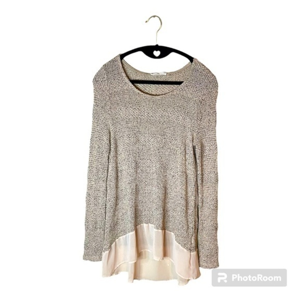 Lush Taupe & Nude Pink Knit Sweater Women's Attached Chiffon Hem Size Large